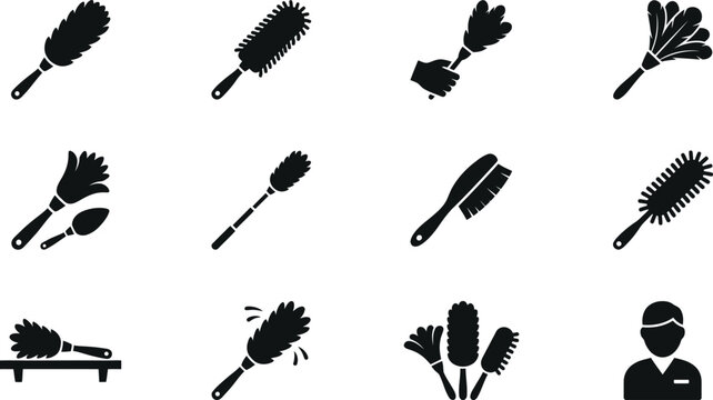 Set of black silhouette icons depicting duster tools for house cleaning.