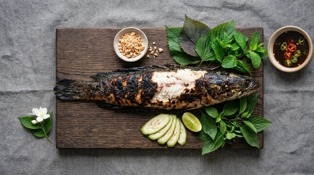 Vietnamese Grilled Snakehead Fish Ca Loc Nuong on Rustic Oak Board