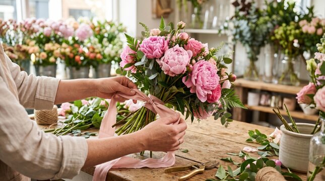 A female florist arranging a beautiful bouquet of pink peonies with green foliage in a bright, airy flower shop.
