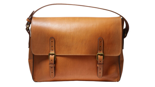 Brown leather messenger bag with brass buckles and strap