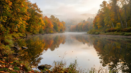 Obraz premium Tranquil misty river landscape with vibrant autumn foliage trees reflection on water surface at morning sunrise 