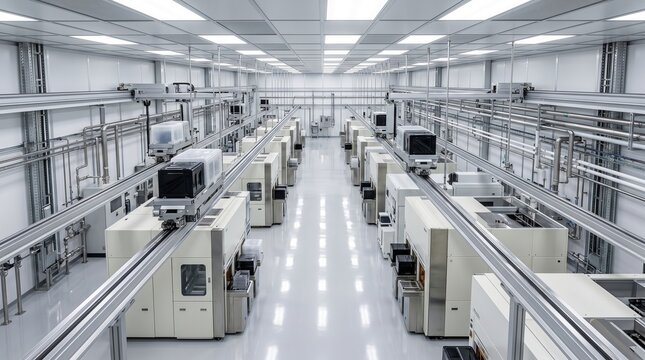 Symmetrical interior view of automated silicon wafer processing bay inside semiconductor clean room facility