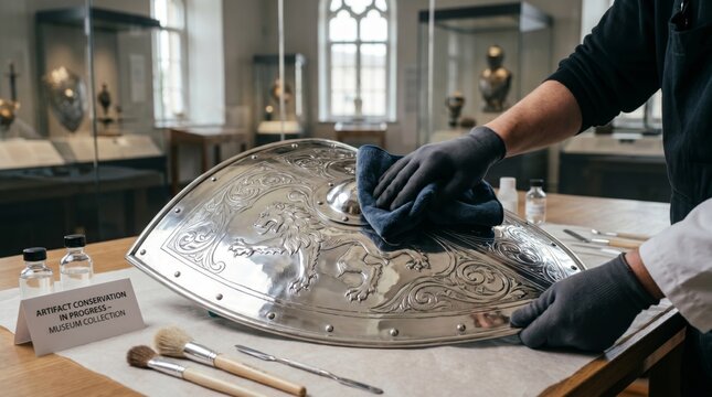 A skilled conservator delicately cleans an ornate historical shield in a museum setting, showcasing craftsmanship and attention to detail.