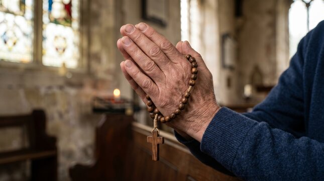 A senior male with light skin folds his hands in prayer, holding a wooden rosary in an intimate church setting.
