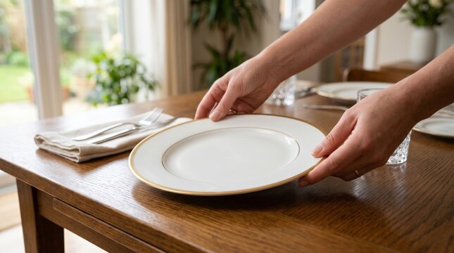 A woman setting an elegant dining table with a plain white plate bordered in gold, enhancing the inviting atmosphere.