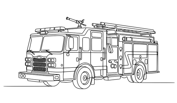 One line fire engine vector with storage compartments and rescue equipment