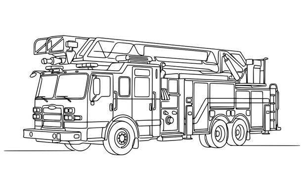 Continuous line fire truck vector illustration with emergency rescue vehicle