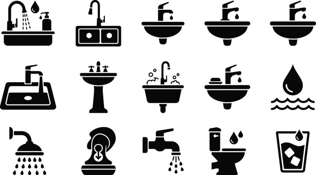 Set of plumbing and bathroom fixture icons including sinks faucets and water elements.