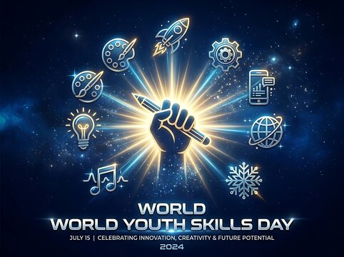 Bright explosive celebration of world youth skills day with creativity innovation and technology icons shining together