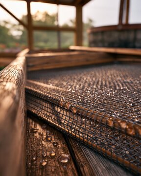 Empty Wooden Workstation with Wire Mesh and Water Droplets at U-Pick Farm