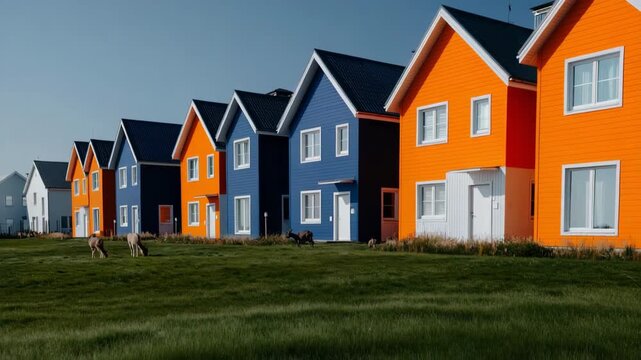 Line of colorful houses with grazing animals on lawn