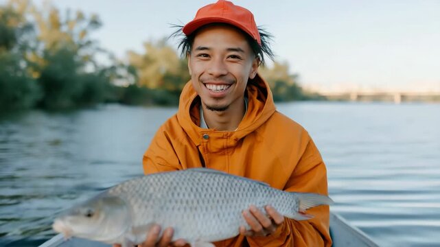 Young man holding large fish in small boat on river
