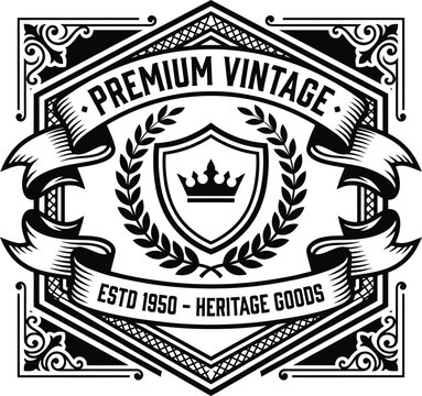 Vintage premium heritage goods logo with crown shield laurel wreath and ribbons on white background