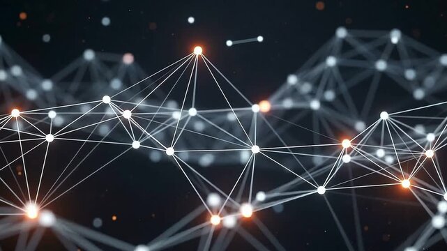 Abstract plexus data nodes connecting with bright orange energy pulses