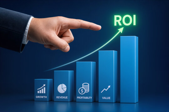 Hand pointing at ROI over quarter bar graph showing business growth revenue profitability value increasing financial performance metrics and upward arrow indicating return on investment