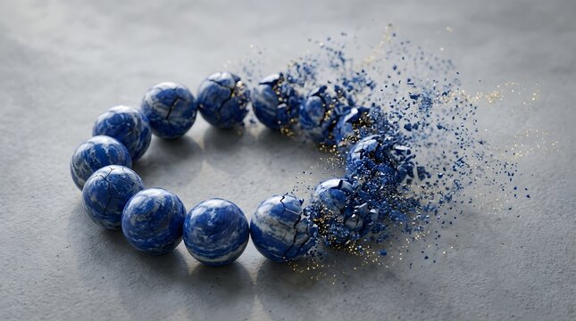 Blue lapis lazuli gemstone beaded bracelet dissolving into scattered particles and dust on a neutral grey background, showing natural stone jewelry disintegration, elegant mineral fashion accessory 