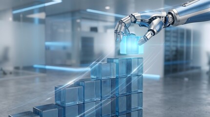 Fototapeta premium A robotic arm places a glowing glass cube onto a rising bar chart in a futuristic office environment symbolizing digital growth and automation.