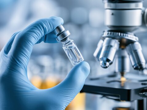 Gloved hand examining peptide vial near microscope in lab. Advanced biotechnology research for clinical anti-aging dermatology skincare development.