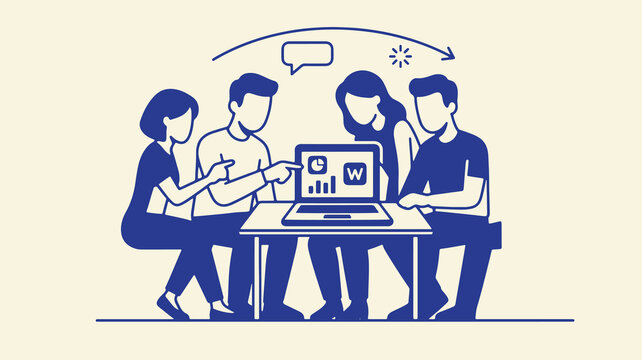 People gathered around computer screen analyzing financial metrics and business graphics.