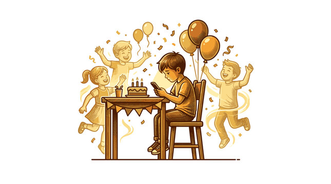 Boy engrossed in phone ignores birthday party celebration around him.