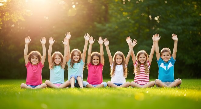 Happy multiethnic children sitting on green grass in park with hands raised up high.