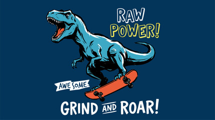 Skating Trex art. Cool dino design. Raw power graphic. Grind and roar. Urban skater dino. © panji