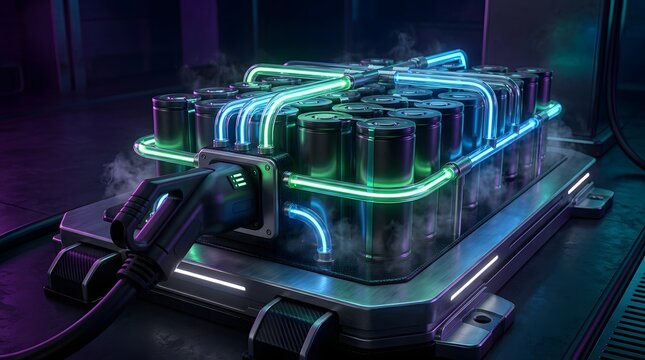 Futuristic electric vehicle battery pack with glowing green blue neon energy cells on a dark high tech background, showing lithium ion power storage technology, advanced EV charging innovation system
