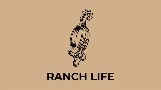 Vintage cowboy spur. Ranch life logo. Western gear design. Rustic country art. Retro riding gear.