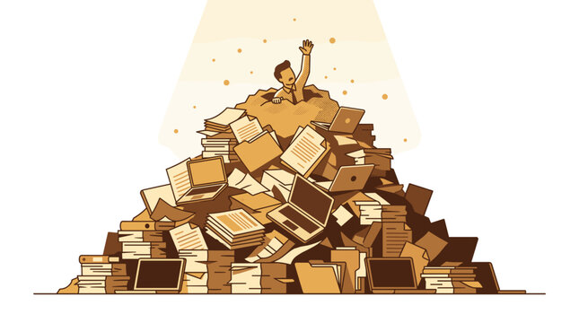Man emerges from a large pile of books and laptops celebrating success.