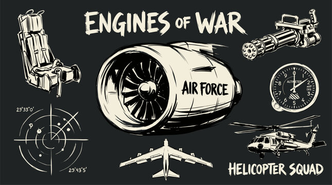 Engines of war. Air force military aviation print design for t shirt poster sticker. Helicopter squad. Vintage aircraft graphic.. Military aviation vi