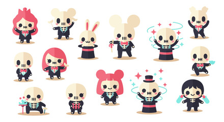 Fototapeta premium Kawaii Chibi Skeleton Magician Characters Vector Illustration Set