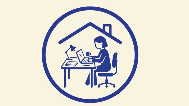 Illustration showing woman working on her laptop at a desk inside a house outline.