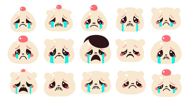 Cute Kawaii Sad Bear and Blob Character Emoticons with Blue Tears