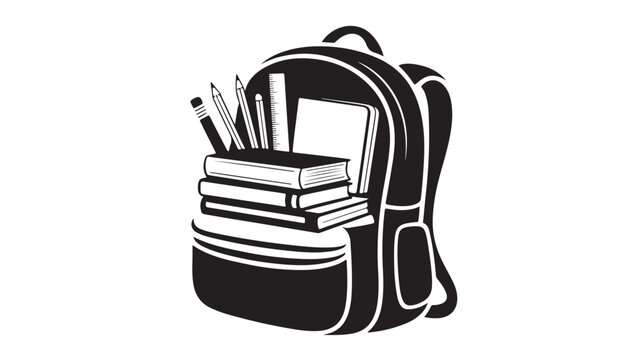 School Backpack Line Art Vector with Books and Stationery
