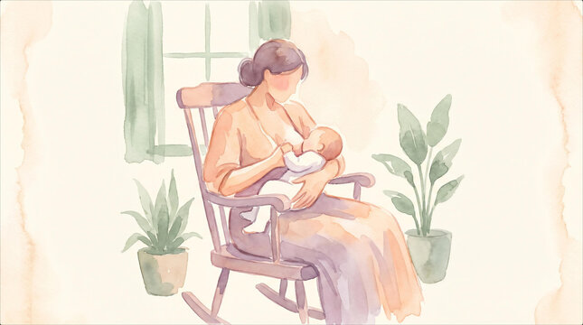Watercolor illustration of a mother breastfeeding her baby in a rocking chair by the window. Tender World Breastfeeding Week themed artwork for nursing awareness.
