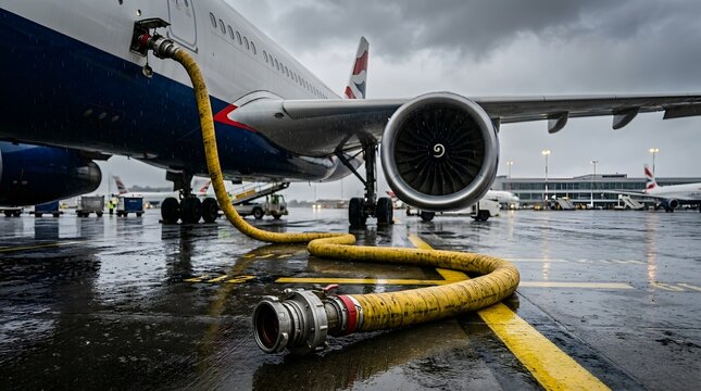 Commercial passenger airplane refueling on a wet airport tarmac during rainy weather with yellow fuel hoses connected to the aircraft engine, ground service operations, aviation fuel logistics
