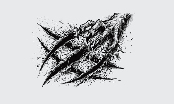 Monster claw ripping through paper line art.