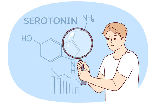 Flaw of hormone serotonin in man holding magnifying glass and suffering from lack of sunlight. Formula of hormone serotonin near guy with change of seasons and onset of cloudy weather
