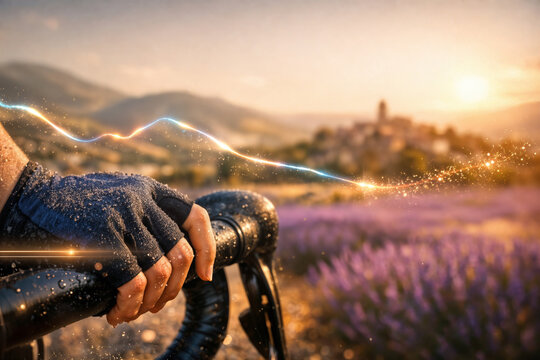 Tour de France Femmes cycling glove on carbon handlebar golden hour lavender fields French countryside rolling cols village holographic ribbon light editorial sports
