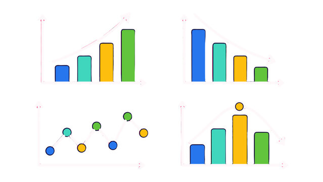 Set of colorful business charts showing rising, falling, peak trends