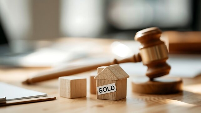 House model marked sold near auction gavel and legal paperwork, illustrating foreclosure sale, debt recovery, lender repossession and court supervised real estate transaction