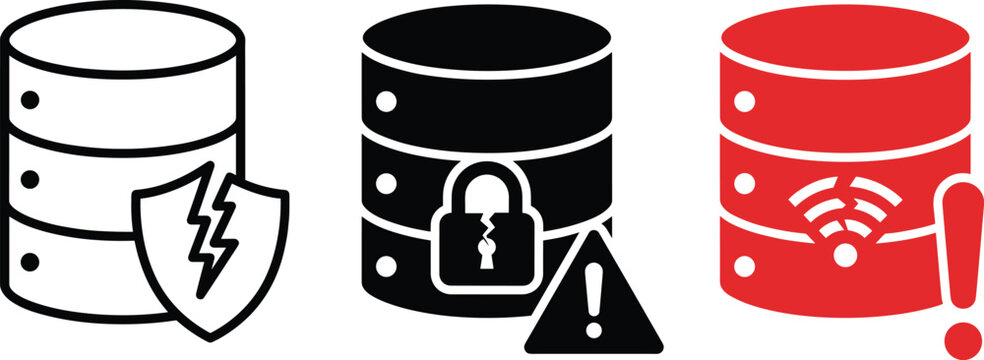 Database Security Breach Icons Data Protection Error Warning Cyberattack Illustration