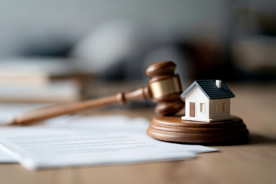Model house beside auction gavel on legal documents, representing property foreclosure, court ordered sale, debt recovery and real estate auction process with copy space