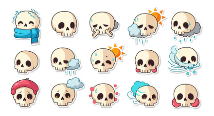 Fototapeta premium Cute Skull Weather and Emotion Sticker Set Vector Illustration