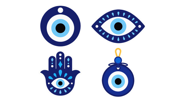 Blue evil eye and hamsa amulet symbols set on white