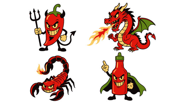Set of spicy mascot characters with chili, dragon, scorpion and sauce