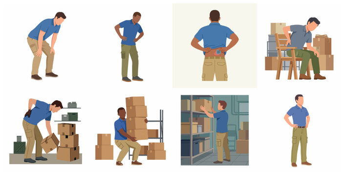 Warehouse Worker Back Pain and Ergonomics Illustration Set Showing Improper Lifting Techniques and Occupational Injuries