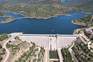 Aerial view of Siurana Dam and Reservoir on sunny summer day. Tarragona, Spain. © Kirill