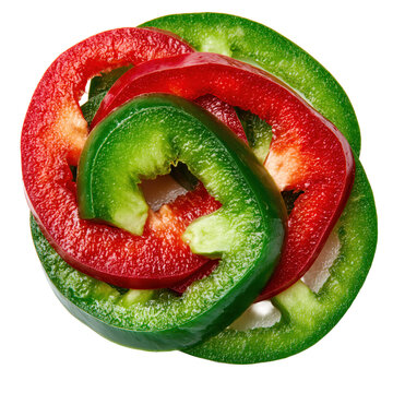 Fresh slices of red and green bell peppers mixed together, isolated on transparent background.
