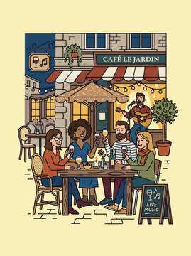 Cheerful group enjoying wine and live music at a cozy European style caf garden with musician playing guitar cafe socializing